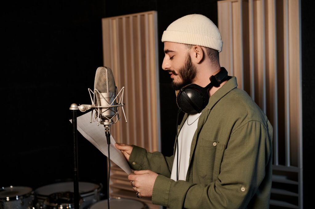 Capturing creativity: musician holding lyrics in studio