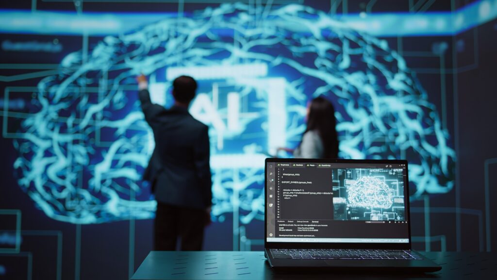 IT professionals using artificial intelligence augmented reality hologram