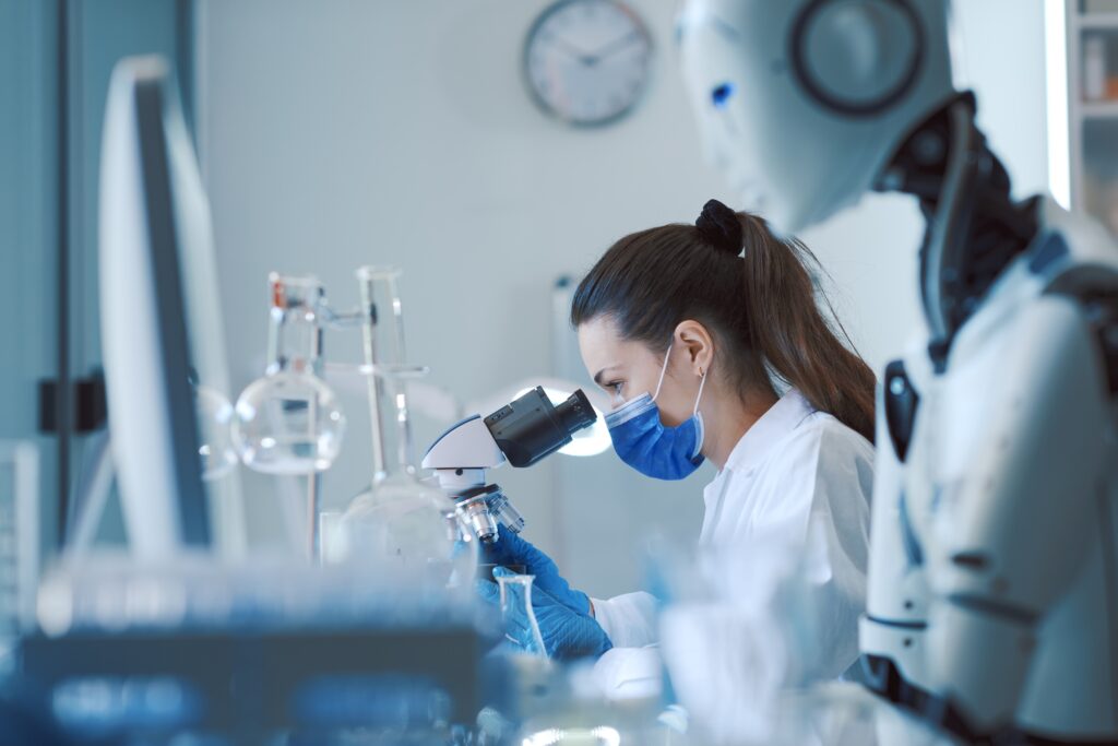 Scientist and humanoid AI robot in the science lab